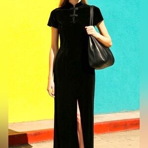 Vintage 90s Black Velvet Column Dress Frog Neck Slit Size 4